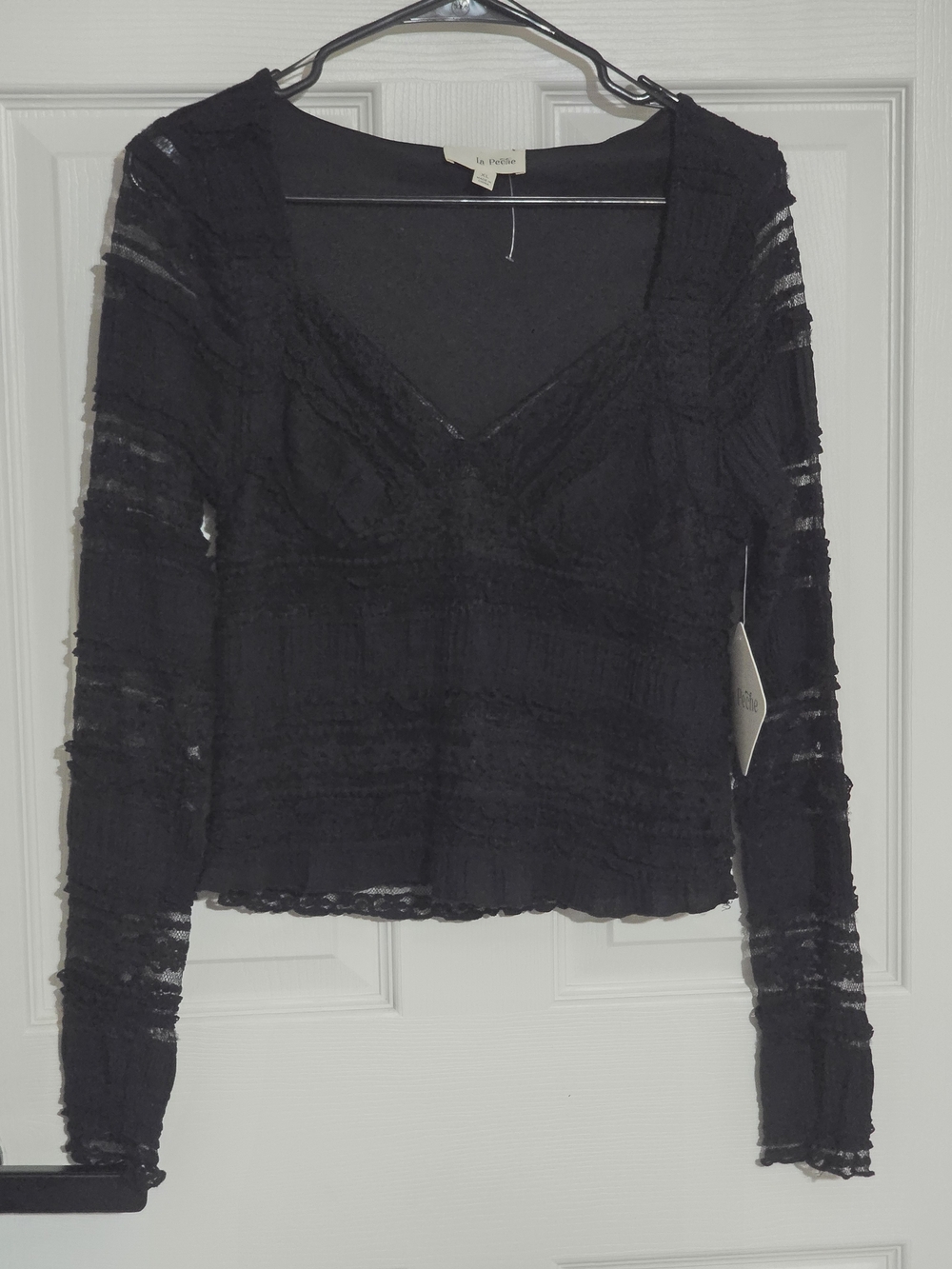 La Peche Rose Black Lace-Textured V-Neck Long Sleeve Blouse